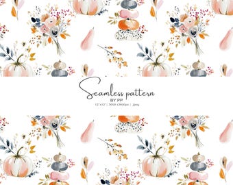 May include: A watercolour seamless pattern with pumpkins, flowers, and pears in peach, orange, and blue on a white backdrop. The design includes the text "Seamless pattern BY PP" with dimensions 30.48cm x 30.48cm.