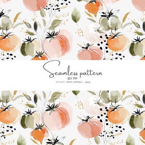 May include: A watercolour seamless pattern featuring stylized tomatoes in shades of orange, pink, and green, with black accents and foliage on a white background. The text "Seamless pattern" is displayed.