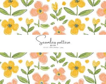 crayon flowers, seamless pattern, handdrawn floral, kids paper, yellow blossoms, digital background, playful flowers, printable design jpeg