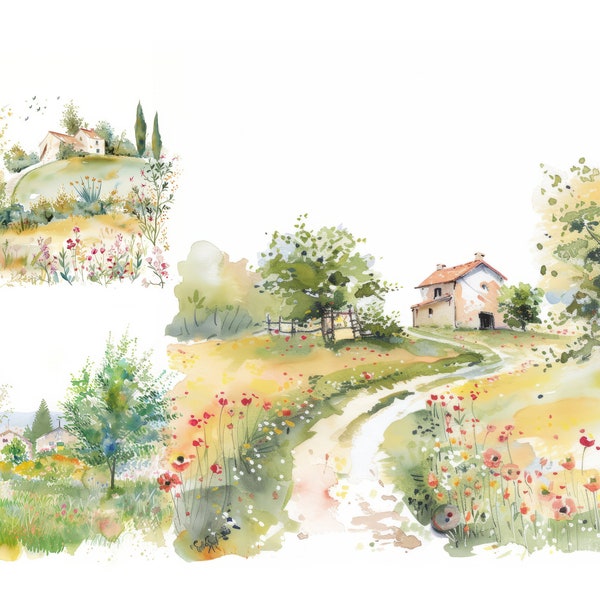 9 Watercolor Romantic Countryside Clipart Spring Fields Clipart Spring Garden Decor Spring Scenery Nature Clipart Floral Field Home Decor