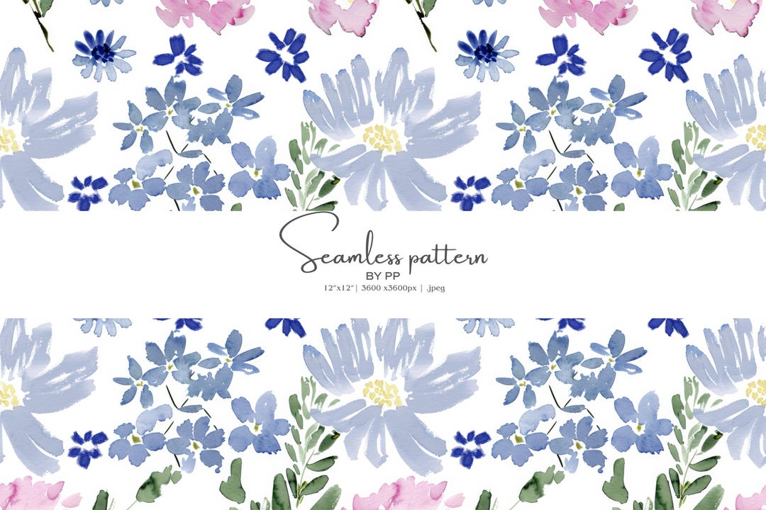 Blue Floral Seamless Pattern, Watercolor Flowers Digital Paper ...