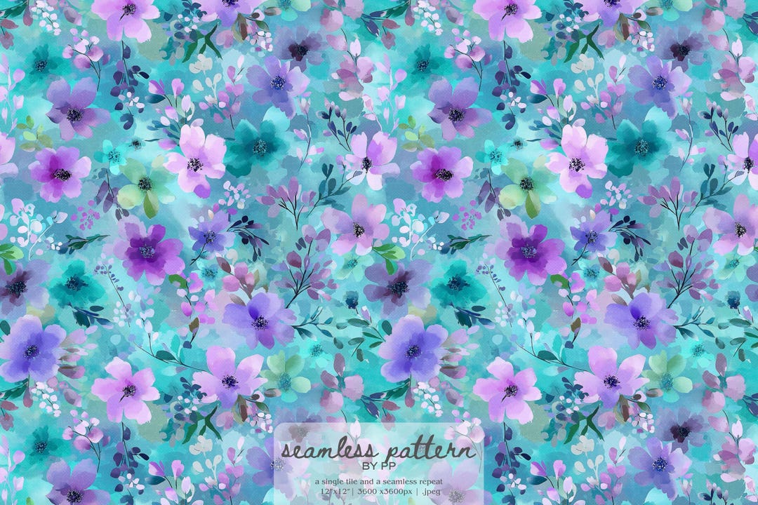 Watercolor Floral Seamless Pattern, Teal Purple Flower Print, Romantic ...