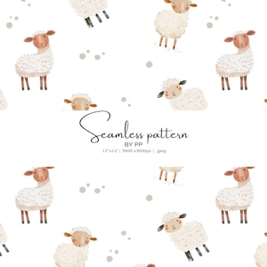 Puede incluir: Patrón sin costuras de acuarela con adorables ovejas en varias poses. Las ovejas tienen lana blanca esponjosa, patas marrones y caras rosas. El diseño incluye pequeños puntos grises y el texto "Seamless pattern BY PP".