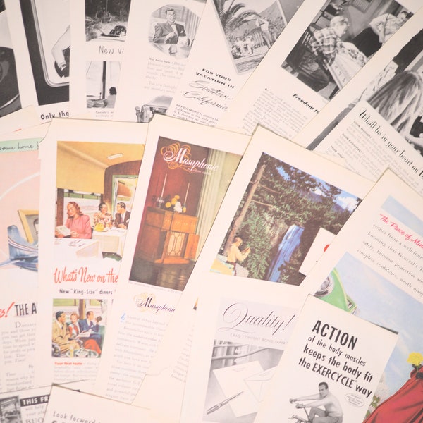 20 pc Vintage Ad Ephemera Lot, Vintage Magazine Ads, Junk Journal Supplies, Journal ephemera