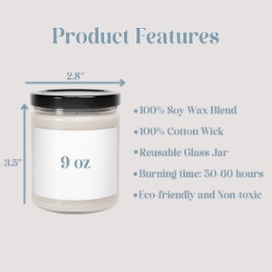 May include: A 9 ounce soy wax candle in a clear glass jar with a black lid. The candle is labelled with the text "9 oz". The candle is 3.5 inches tall and 2.8 inches wide. The candle is made with a 100% cotton wick and has a burn time of 50-60 hours. The candle is eco-friendly and non-toxic.