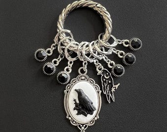 The Raven Stitch Markers Set of 8 with Holder | Gothic Black Crochet Accessories | Progress Keepers | Dark Academia Gift for Knitter