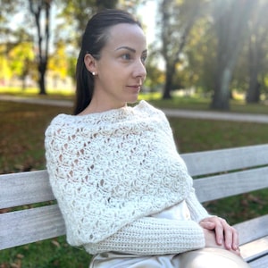 HÄKELANLEITUNG | Aurelia Pullover Schal | Häkelschal mit Ärmeln | Gehäkelte Wrap | Spitzenärmelschal | Größen XS-5XL | Digitaler Download