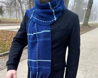 CROCHET PATTERN | Highland Tartan Scarf | Easy Men's Plaid Crochet Scarf | Classic Winter Blue Scarf | Scotland Inspired | Digital Download