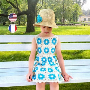 CROCHET PATTERN | Bluebell Summer Dress | Floral Granny Square Baby Toddler Dress for Girls (Sizes 1–8Y) |  Tiny Flower Motif | PDF Download