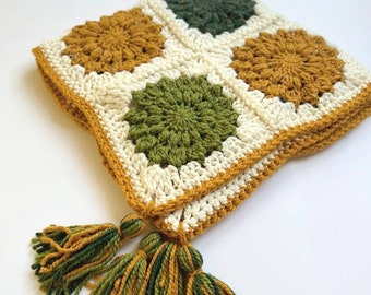 Rustic Harmony Chunky Baby Blanket | Crochet Sunburst Granny Square Blanket | Boho Tassels | Flower Motifs