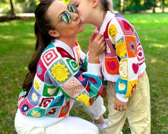 HÄKELANLEITUNG | Joysie Passend Duo Strickjacke | Mama und ich Oma Square Pullover | Größen 1Y–5XL | Bunte Häkeljacke | PDF-Download