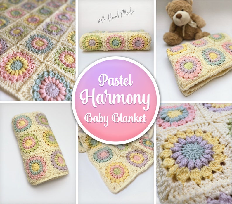 May include: A pastel coloured crocheted baby blanket with a floral design. The blanket is folded in half and laid on a white surface. The text "Pastel Harmony Baby Blanket" is visible in the centre of the image.
