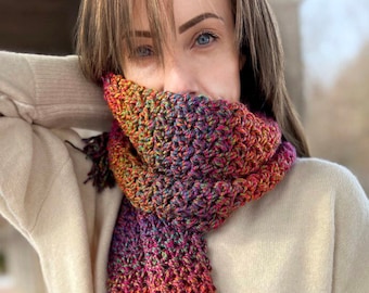 CROCHET PATTERN | Color Fusion Scarf | Mini Bean Stitch Scarf | Colorful Scarf with Fringes | Beginner Easy Shawl Pattern | PDF Download