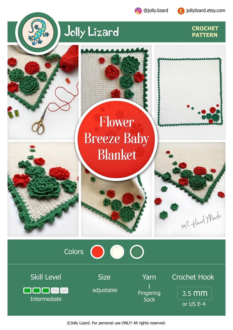 CROCHET PATTERN | Flower Breeze Baby Blanket | Baby Girl Blanket with Flowers | 7 Sizes Included | Cute Summer Cotton Lovey | PDF Download image 3