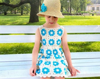 CROCHET PATTERN | Bluebell Summer Dress | Floral Granny Square Dress for Girls (Sizes 1–8 Years) |  Tiny African Flower Motif | PDF Download