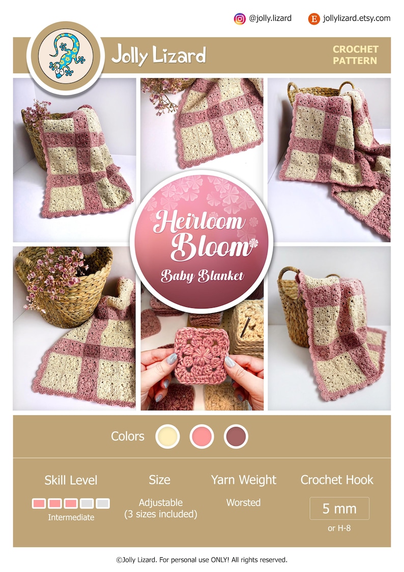 May include: A crochet pattern for a baby blanket, featuring a pink and cream checkered design. The image includes close-ups of the blanket, a crochet square, and a basket. The text reads "Heirloom Bloom Baby Blanket" and "Jolly Lizard".