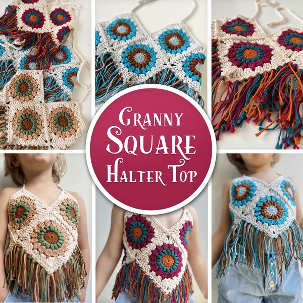 MOTIF | Haut dos nu carré grand-mère en crochet | Patron de haut dos nu d'été | 3 tailles - Haut pour bébé, Haut pour tout-petit, Haut pour fille | TÉLÉCHARGEMENT NUMÉRIQUE