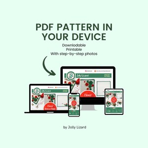 May include: Illustration of a computer screen, laptop, tablet, and smartphone displaying a downloadable crochet pattern for a flower design. The pattern is titled "Flower Breeze Baby" and is by "Jolly Lizard".