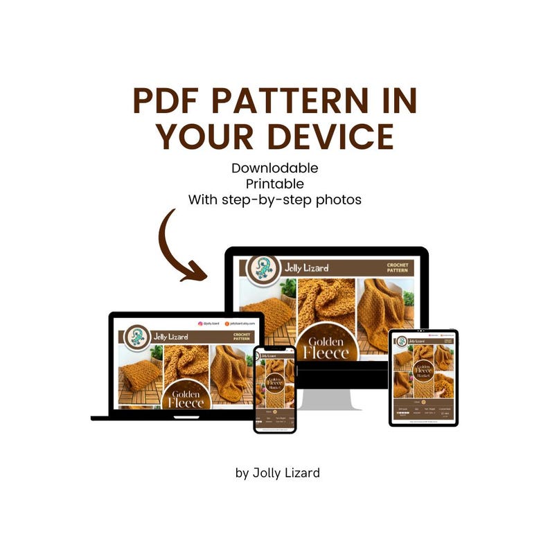 May include: A digital product advertisement showing a PDF crochet pattern on various devices: a laptop, desktop computer, tablet, and smartphone. The text reads "PDF Pattern in Your Device" and "Golden Fleece". The pattern is downloadable and printable with step-by-step photos.