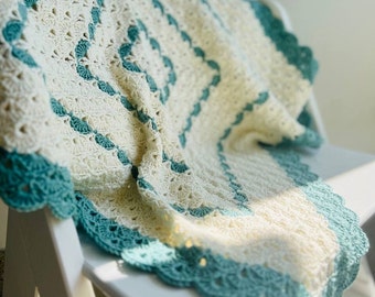 Seashore Serenity Square Lovey Blanket | Lace Cream and Pale Teal Baby Boy Security Blanket