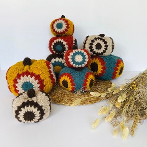 May include: A set of crocheted pumpkins in various colors and patterns, including yellow, red, blue, brown, and white. The pumpkins are arranged on a woven mat with dried flowers.
