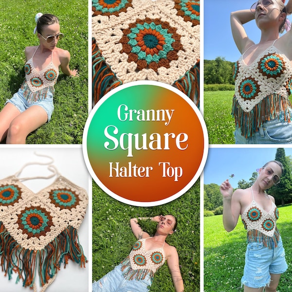 PATTERN | Granny Square Halter Top Crochet Pattern | Simple Summer Top | Vintage 70s Halter Top | Size S-M | DIGITAL DOWNLOAD