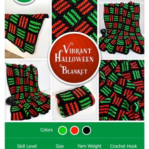 May include: A crochet pattern for a vibrant Halloween blanket. The blanket features a black background with a repeating pattern of red and green blocks. The pattern is beginner-friendly, measuring 40 x 63 inches (125 x 160 cm).