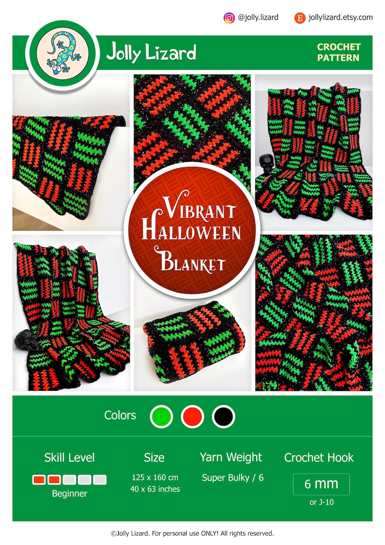 May include: A crochet pattern for a vibrant Halloween blanket. The blanket features a black background with a repeating pattern of red and green blocks. The pattern is beginner-friendly, measuring 40 x 63 inches (125 x 160 cm).