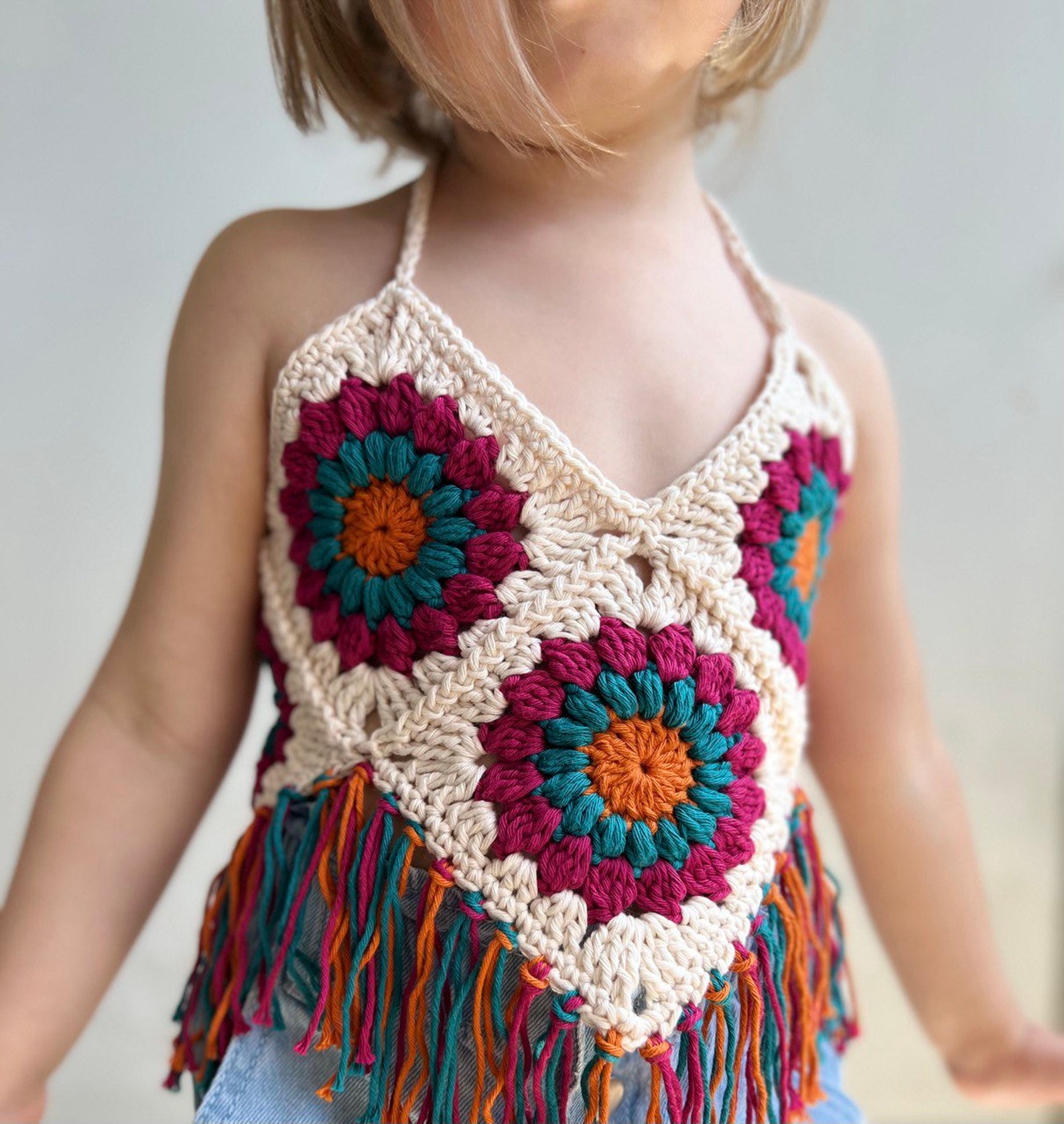 Crochet Boho-style Toddler Girl Halter Top | Granny Squares Baby Top ...