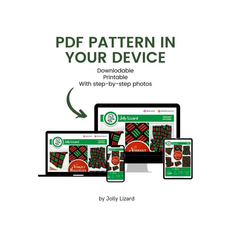 May include: A digital PDF crochet pattern displayed on a laptop, desktop, tablet, and smartphone. The pattern features a red and green design. Text includes "PDF PATTERN IN YOUR DEVICE" and "VIBRANT HALLOWEEN".