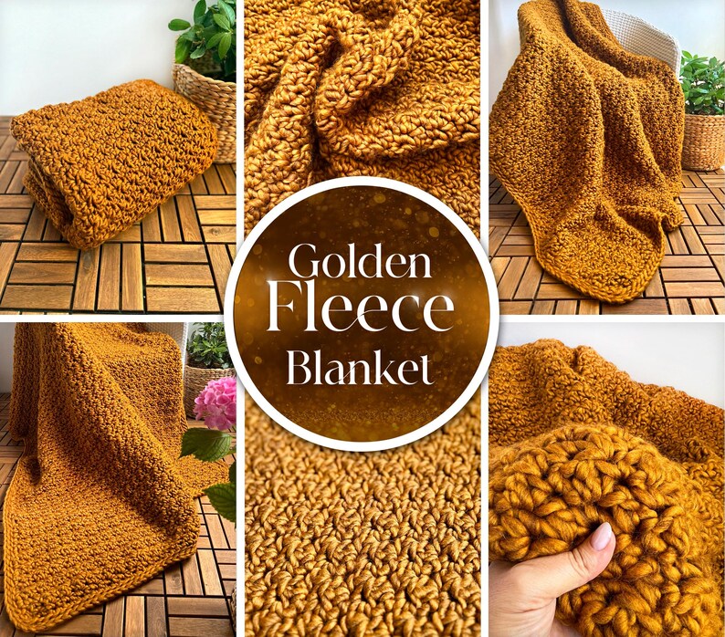 May include: A golden fleece blanket is displayed in multiple views. The blanket is a warm, textured knit. The words "Golden Fleece Blanket" are in a circular graphic. The blanket is folded, draped over a chair, and shown in close-up detail.