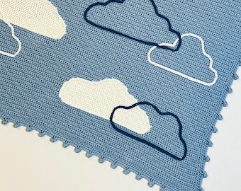 CROCHET PATTERN | Baby Boy Cloud Blanket | Easy Small Blanket Pattern | Sky Blue Baby Boy Blanket with Embroidered Clouds | PDF Download