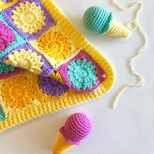 CROCHET PATTERN | Bright Ice Cream Baby Blanket | Starburst Granny Square Blanket | Easy Baby Blanket with Flower Motifs | PDF Download