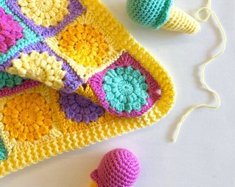 CROCHET PATTERN | Bright Ice Cream Baby Blanket | Starburst Granny Square Blanket | Easy Baby Blanket with Flower Motifs | PDF Download