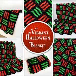 May include: A handmade crochet blanket with a vibrant Halloween theme. The blanket features a black background with a repeating pattern of red and green zigzags. The words "Vibrant Halloween Blanket" are displayed in a circular design.