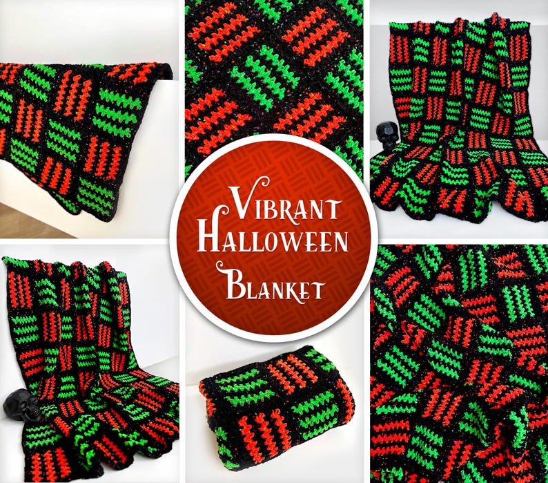 May include: A handmade crochet blanket with a vibrant Halloween theme. The blanket features a black background with a repeating pattern of red and green zigzags. The words "Vibrant Halloween Blanket" are displayed in a circular design.