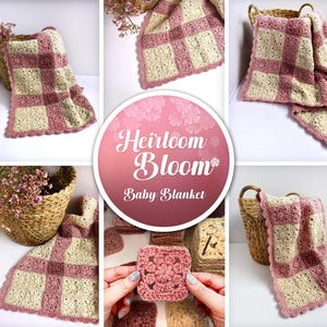 A pink and cream crochet baby blanket with a scalloped edge. The blanket is displayed in multiple photos, including a close-up of the crochet stitch and the blanket folded in a basket.