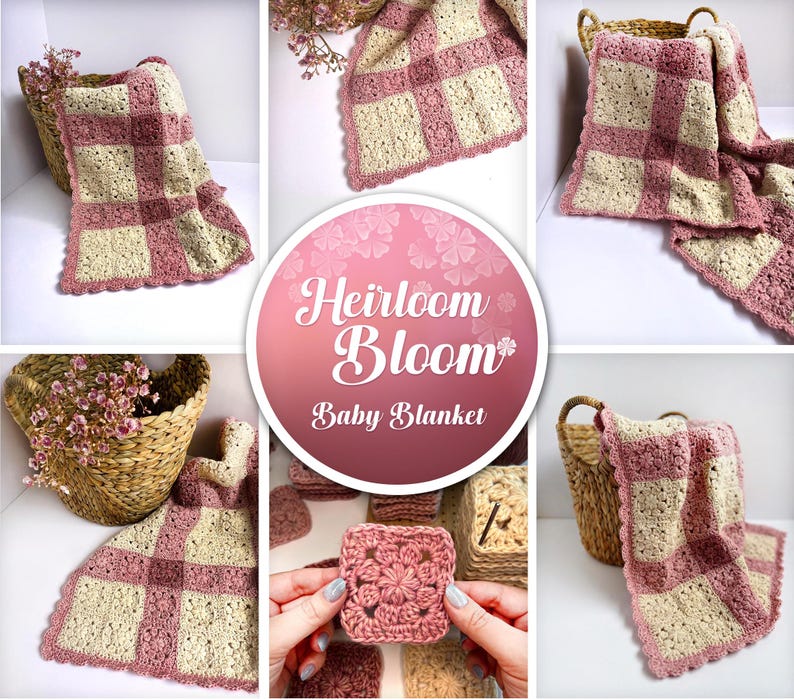 A pink and cream crochet baby blanket with a scalloped edge. The blanket is displayed in multiple photos, including a close-up of the crochet stitch and the blanket folded in a basket.