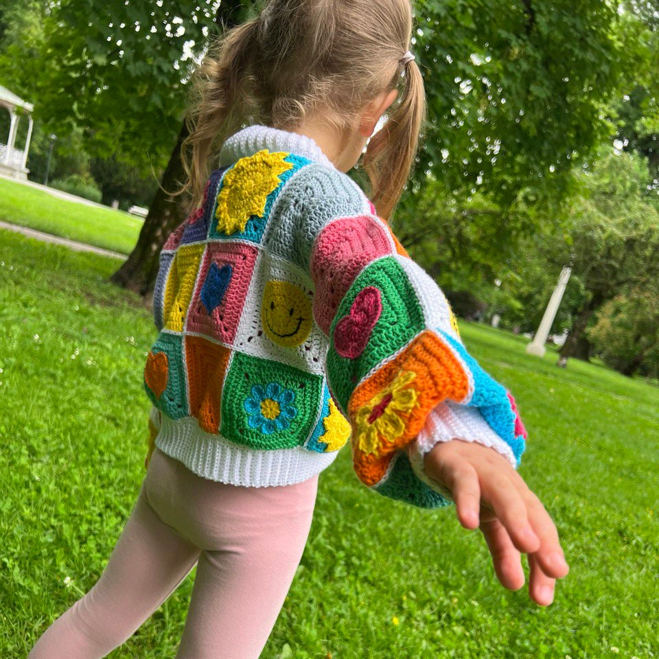 CROCHET PATTERN | Joysie Kids Cardigan | Colorful Crochet Cardigan for Girls (Sizes 1–8 Years) | Easy Square Motif Jacket | PDF Download