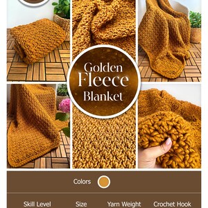 May include: A golden fleece blanket crochet pattern by Jolly Lizard. The image shows a close-up of the blanket's texture, and the text "Golden Fleece Blanket". The skill level is beginner, and the yarn weight is super bulky.