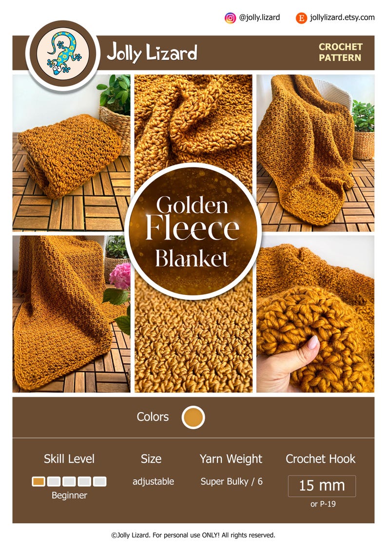 May include: A golden fleece blanket crochet pattern by Jolly Lizard. The image shows a close-up of the blanket's texture, and the text "Golden Fleece Blanket". The skill level is beginner, and the yarn weight is super bulky.
