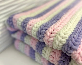 HÄKELANLEITUNG | Einfach Plüsch Babydecke | Chunky Striped Blanket Pattern für Anfänger | 7 Größen enthalten | Samtoptik | PDF-Download