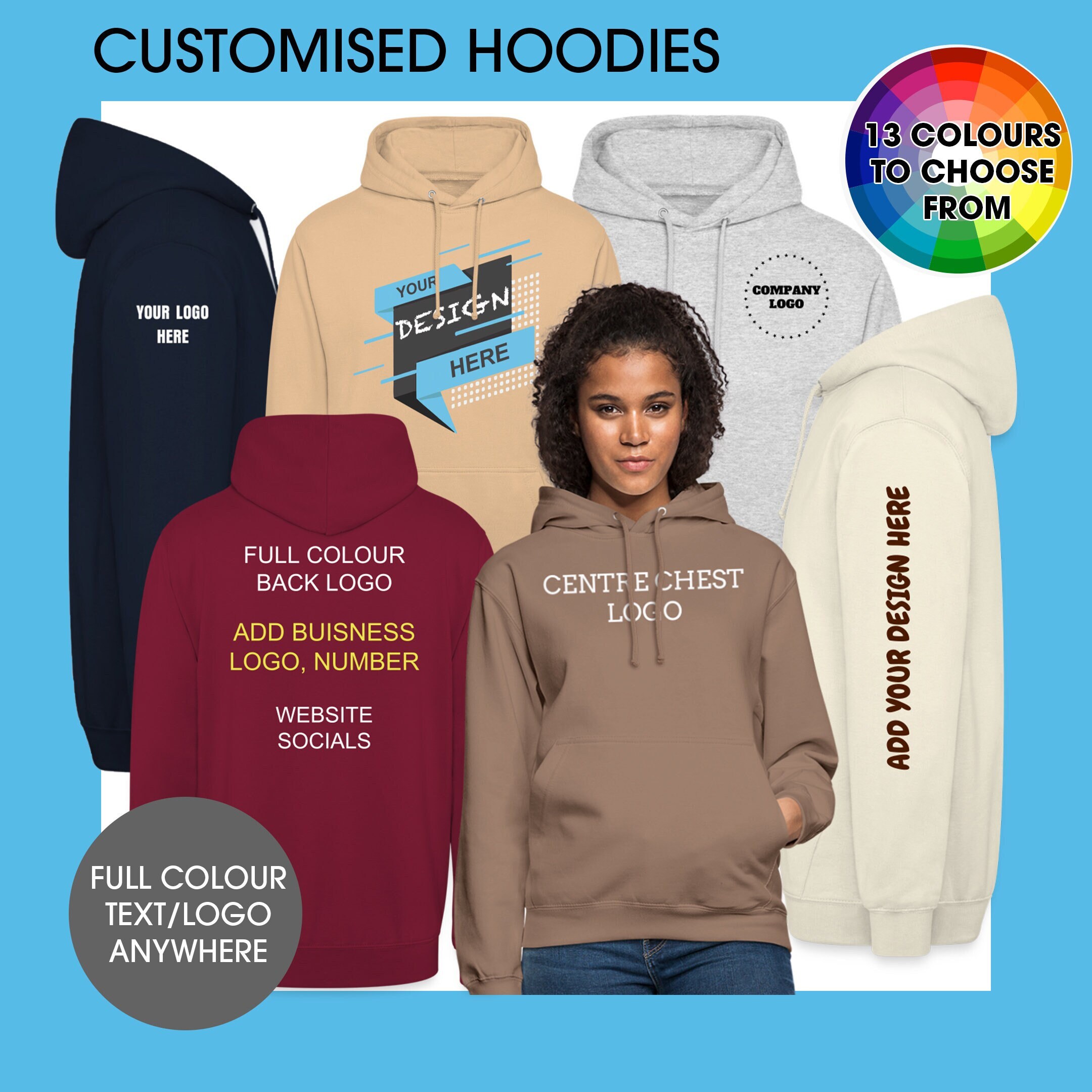 Printed Hoodie With Logo/text on Front Back Arm Personalise - Etsy