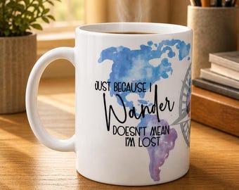 Wander Mug | Watercolor World Map Coffee Cup, Inspirational Travel Quote