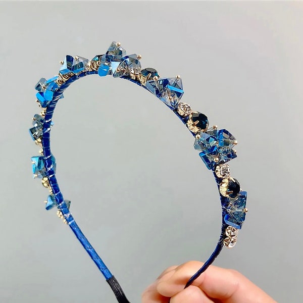 Luxury Crystal Headband, Sapphire blue Rhinestone Headband,, Embellished Thin Headband,  Headband for wedding, Birthday Simplimvly