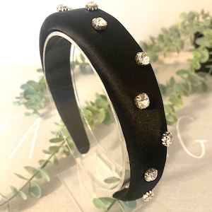 Black Satin Rhinestone Headband,Shining Rhinestones headband, Black Padded Headband, Retro Headband, Gift for Her | Simplimvly