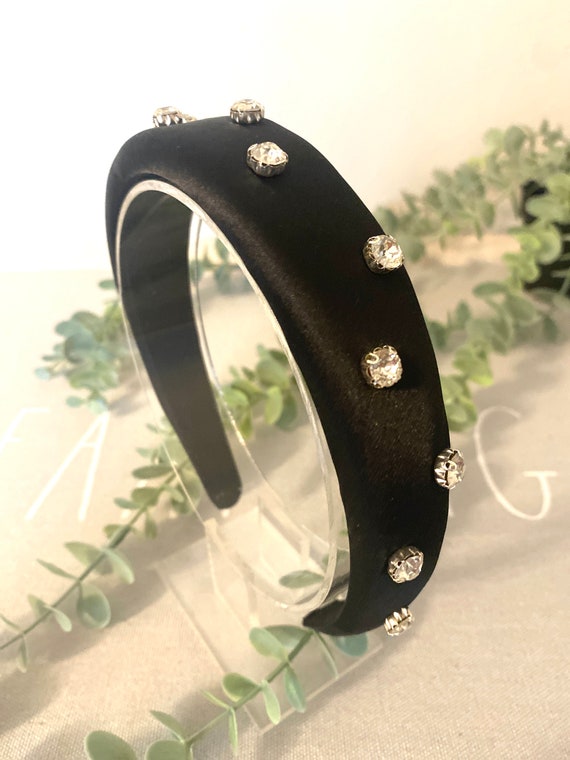 Black Satin Rhinestone Padded Headband, Retro Hair Accessory 