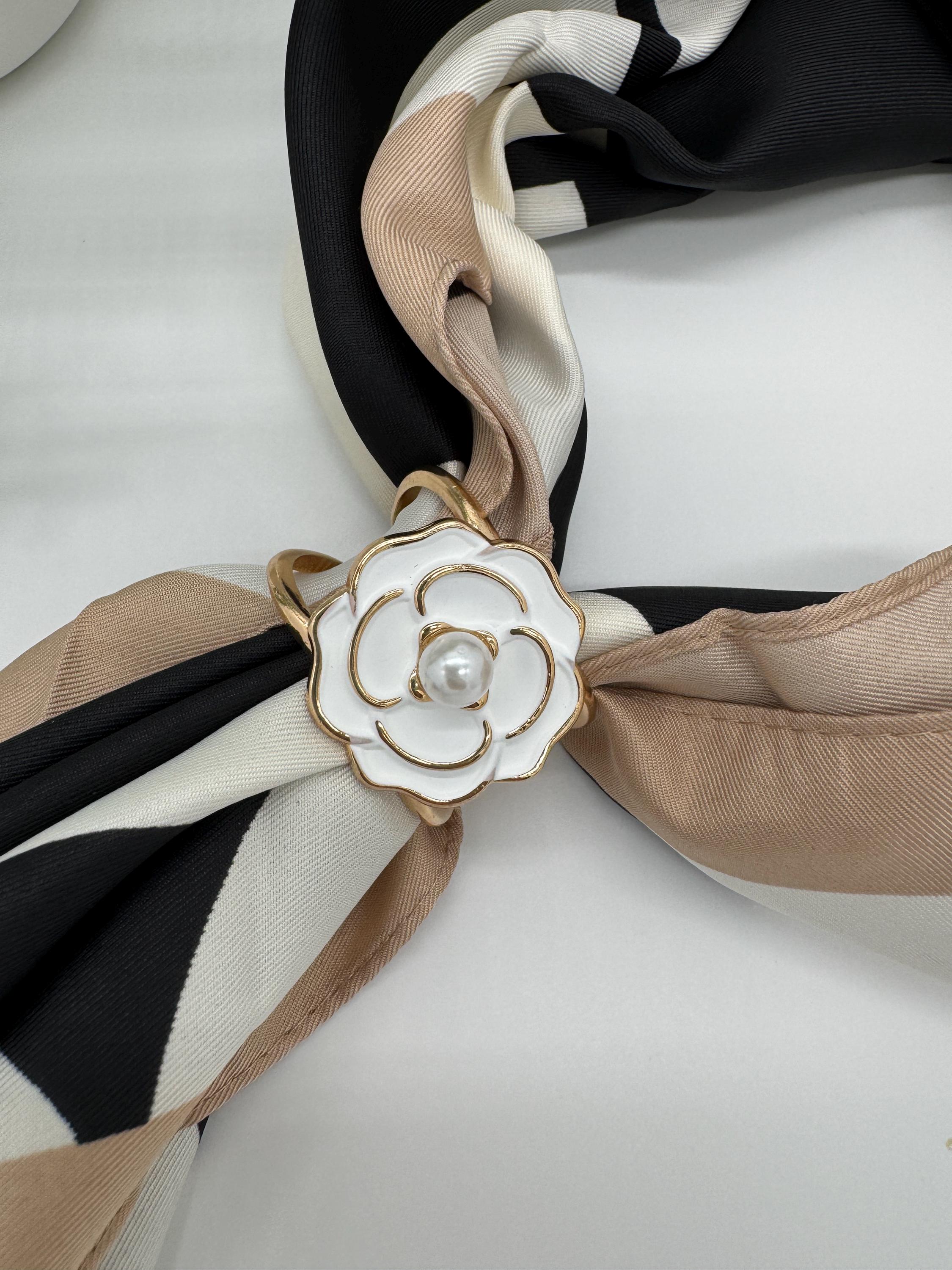Big Size Floral Metal Scarf Ring, Luxury Black and White Scarf Ring, Pink Velvet Pouch included | Simplimvly