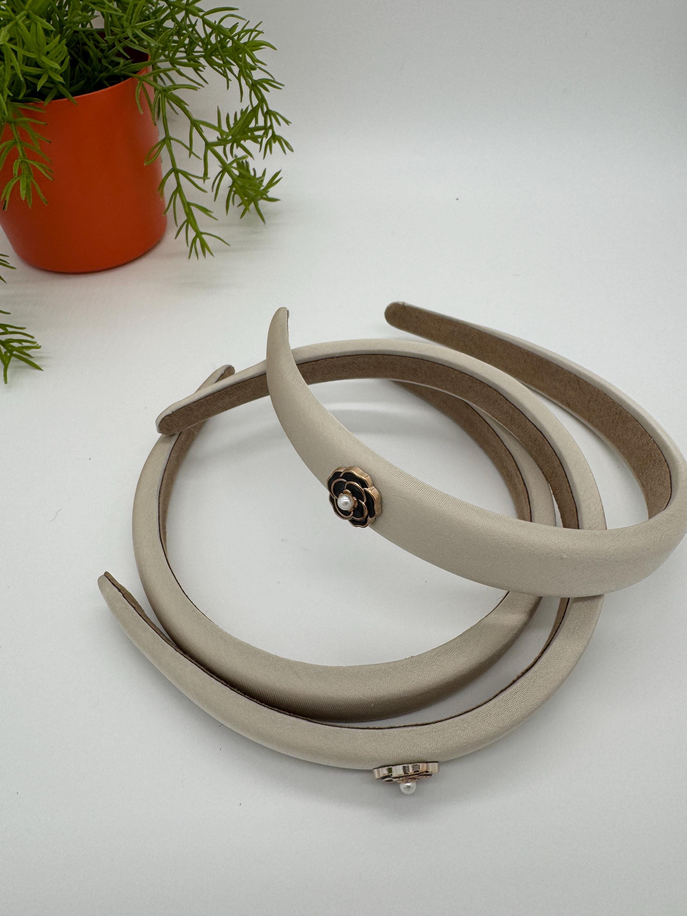 Ivory Silk Satin Headband: Black Pearl Camellia Padded 