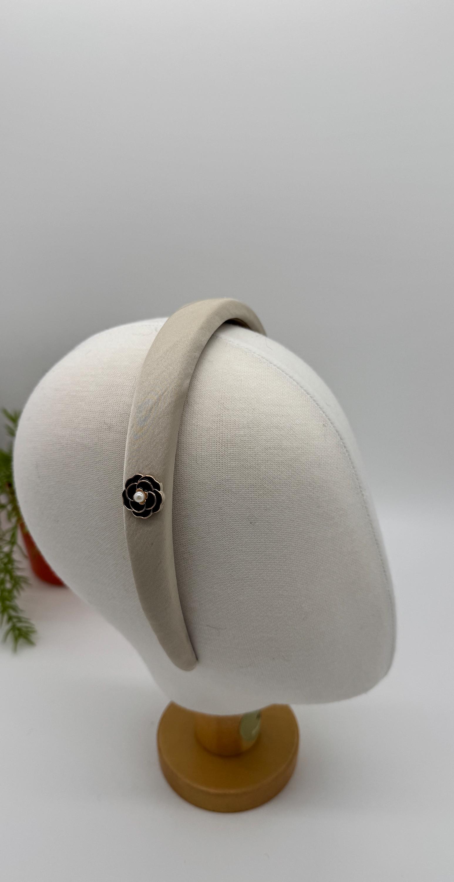 Camellia Black and Ivory Quilted Headband with Gold Chain Pearl Chanel CC Camellia Black Bead Faux Pearl Long Necklace  main image 4